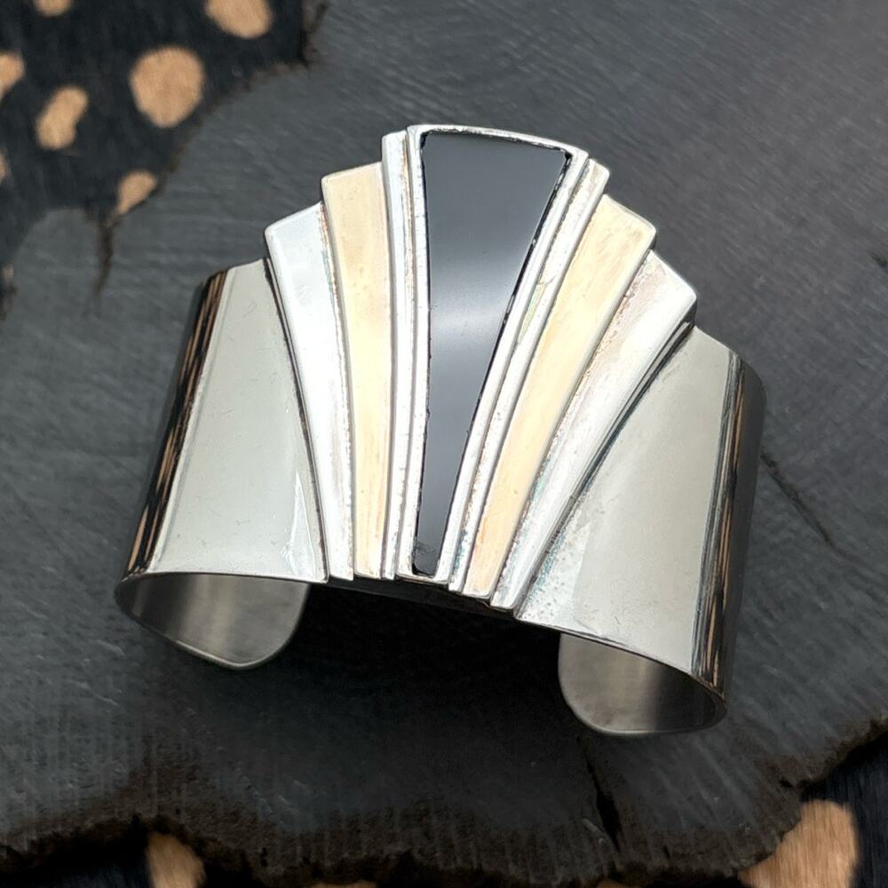 1986 ALFRED DURANTE Franklin Mint Sterling Silver & Onyx Art Deco Cuff Bracelet